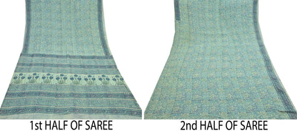 Indian Vintage Sari Green Pure Georgette Silk Block Printed Sarees Craft Fabric Sewing 5Yd Soft Sari Dress Making Crafting Quilting Upcycle