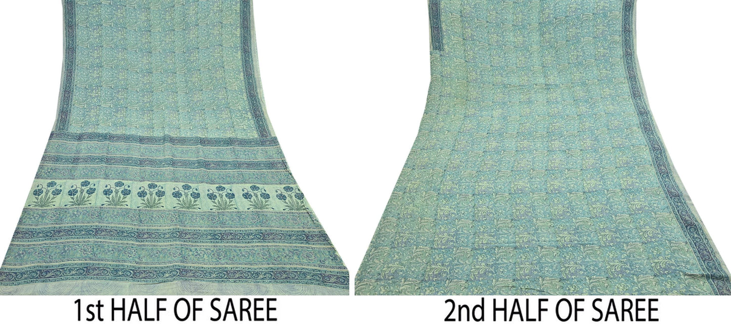 Indian Vintage Sari Green Pure Georgette Silk Block Printed Sarees Craft Fabric Sewing 5Yd Soft Sari Dress Making Crafting Quilting Upcycle