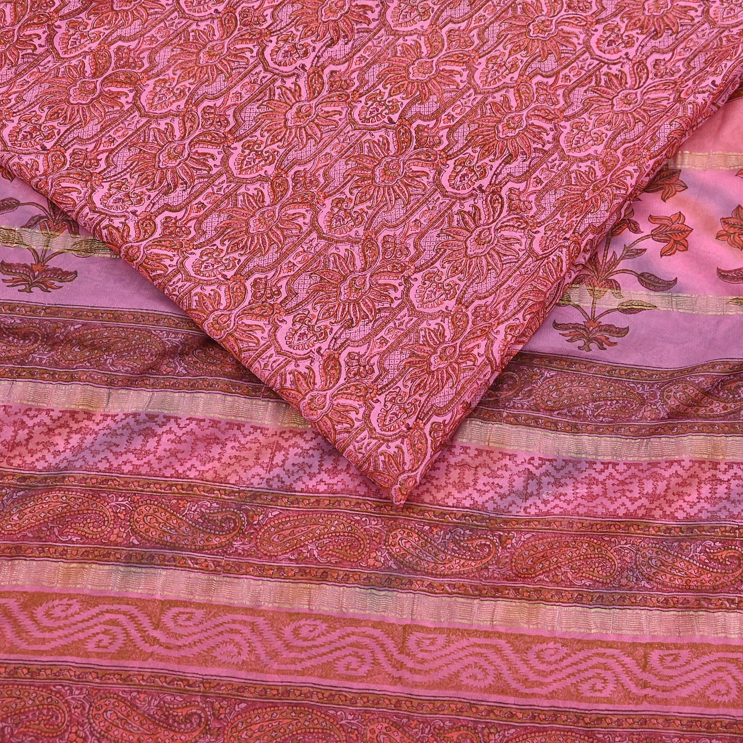 Women Vintage Sari Pink 100% Pure Georgette Silk Printed Saree Craft Fabric Sewing 6Yd Soft Sari Dress Making Crafting Quilting