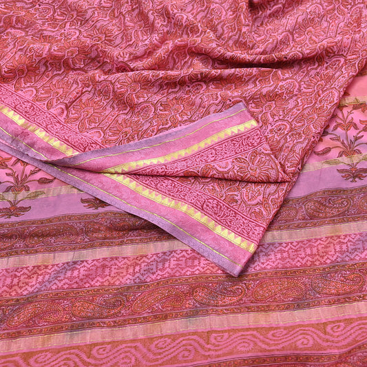 Women Vintage Sari Pink 100% Pure Georgette Silk Printed Saree Craft Fabric Sewing 6Yd Soft Sari Dress Making Crafting Quilting