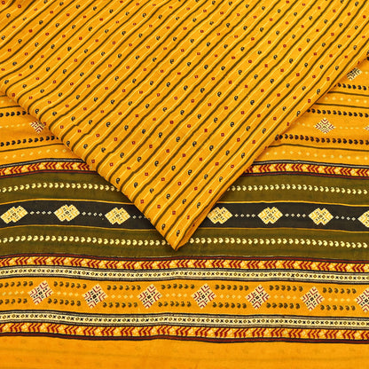 Indian Vintage Sari Yellow 100% Pure Silk Printed Sarees 6yd Sewing Craft Fabric Dress Making Soft Woven Border Upcycle Quilting