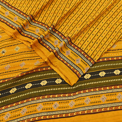Indian Vintage Sari Yellow 100% Pure Silk Printed Sarees 6yd Sewing Craft Fabric Dress Making Soft Woven Border Upcycle Quilting