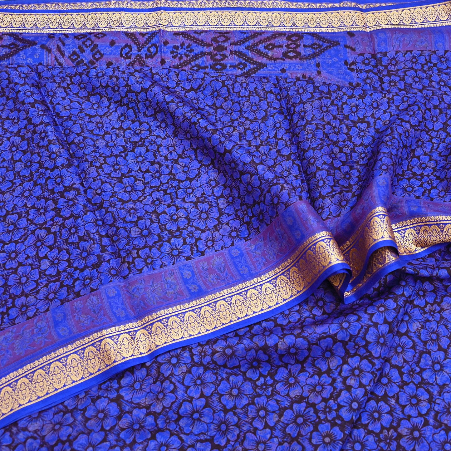 Vintage Sari Blue Pure Silk Printed Saree Fabric 5yard Sewing Soft Dress Designing for Crafting Quilting Upcycle Soft Border