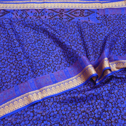 Vintage Sari Blue Pure Silk Printed Saree Fabric 5yard Sewing Soft Dress Designing for Crafting Quilting Upcycle Soft Border
