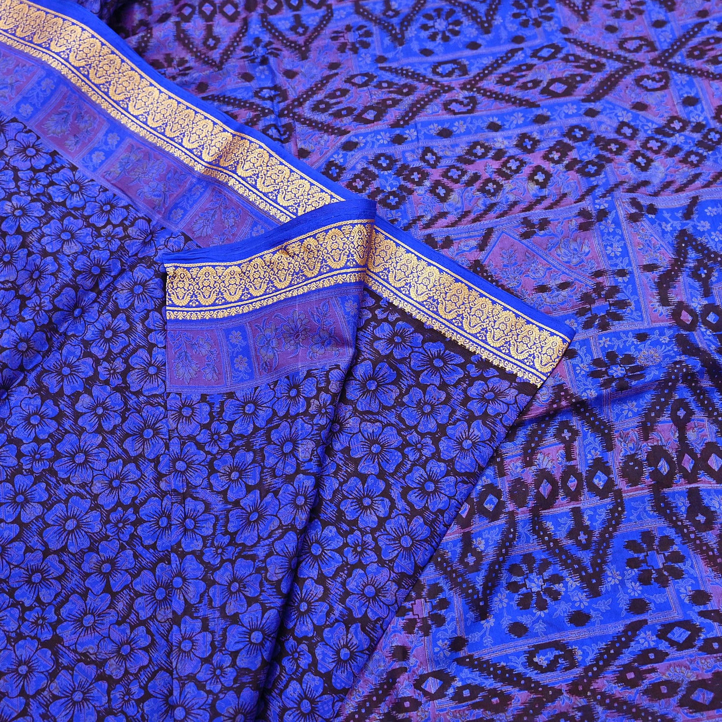 Vintage Sari Blue Pure Silk Printed Saree Fabric 5yard Sewing Soft Dress Designing for Crafting Quilting Upcycle Soft Border