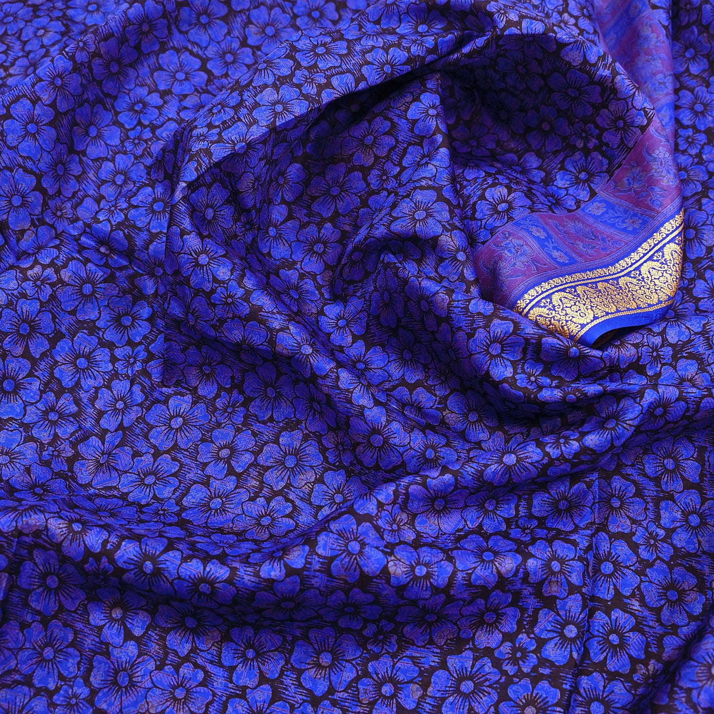 Vintage Sari Blue Pure Silk Printed Saree Fabric 5yard Sewing Soft Dress Designing for Crafting Quilting Upcycle Soft Border