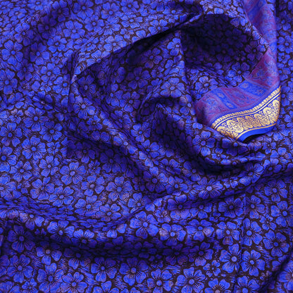 Vintage Sari Blue Pure Silk Printed Saree Fabric 5yard Sewing Soft Dress Designing for Crafting Quilting Upcycle Soft Border