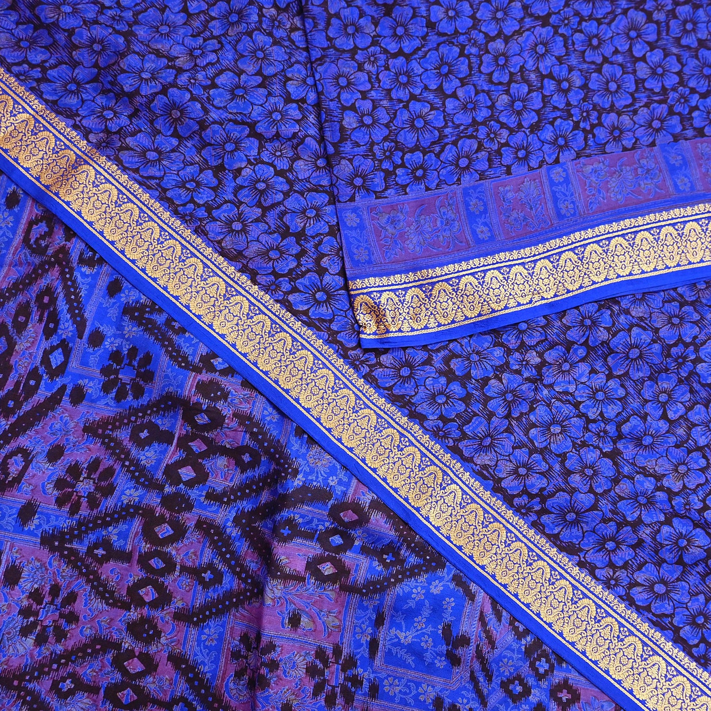 Vintage Sari Blue Pure Silk Printed Saree Fabric 5yard Sewing Soft Dress Designing for Crafting Quilting Upcycle Soft Border