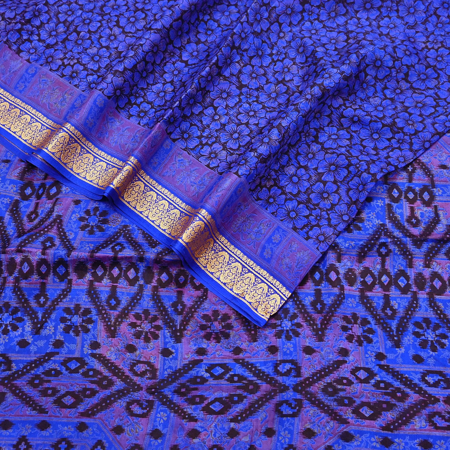 Vintage Sari Blue Pure Silk Printed Saree Fabric 5yard Sewing Soft Dress Designing for Crafting Quilting Upcycle Soft Border