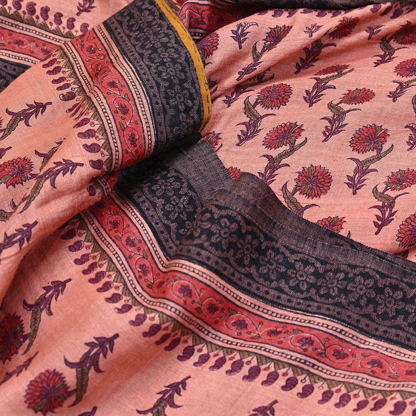 Vintage Peach Wool Saree Indian Pure Woolen Woven Floral Fabric 6Yard Soft Warm Craft Material for Winter Sewing Dressmaking