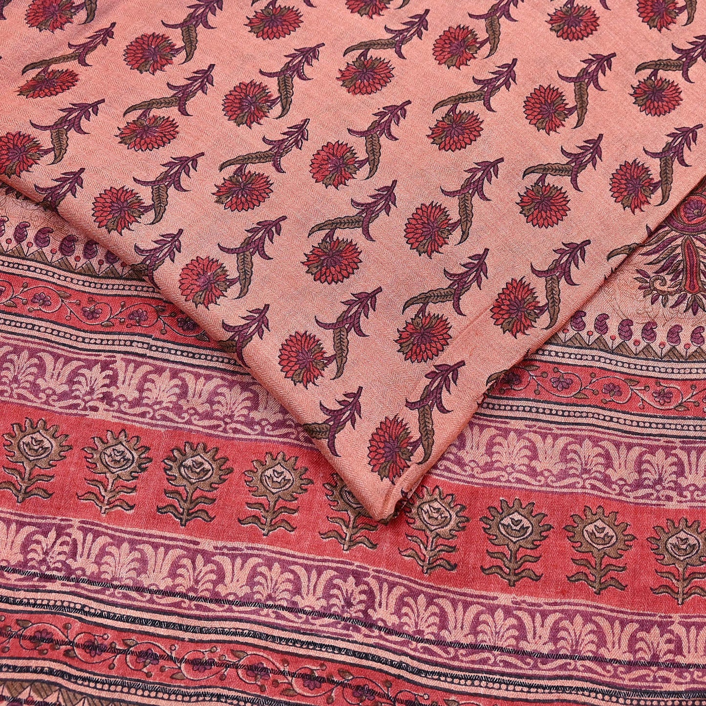 Vintage Peach Wool Saree Indian Pure Woolen Woven Floral Fabric 6Yard Soft Warm Craft Material for Winter Sewing Dressmaking