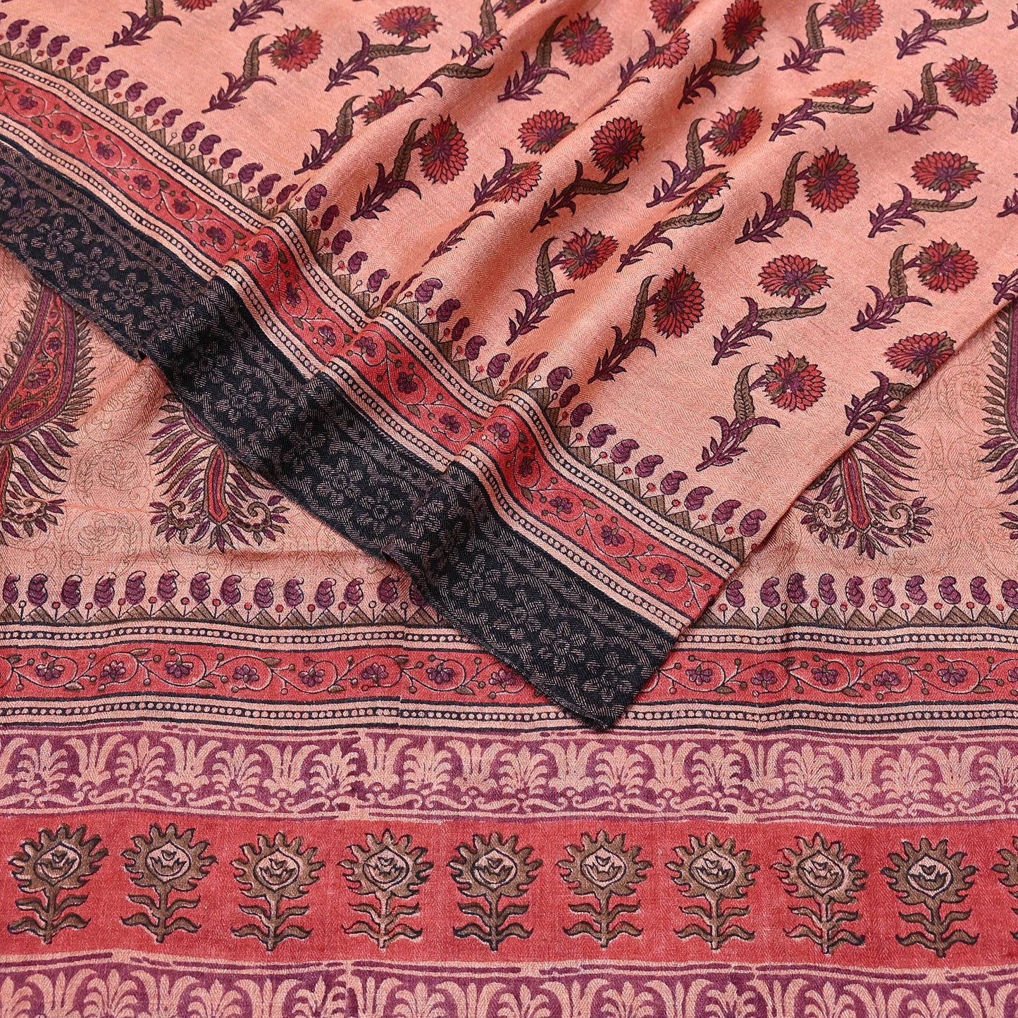 Vintage Peach Wool Saree Indian Pure Woolen Woven Floral Fabric 6Yard Soft Warm Craft Material for Winter Sewing Dressmaking