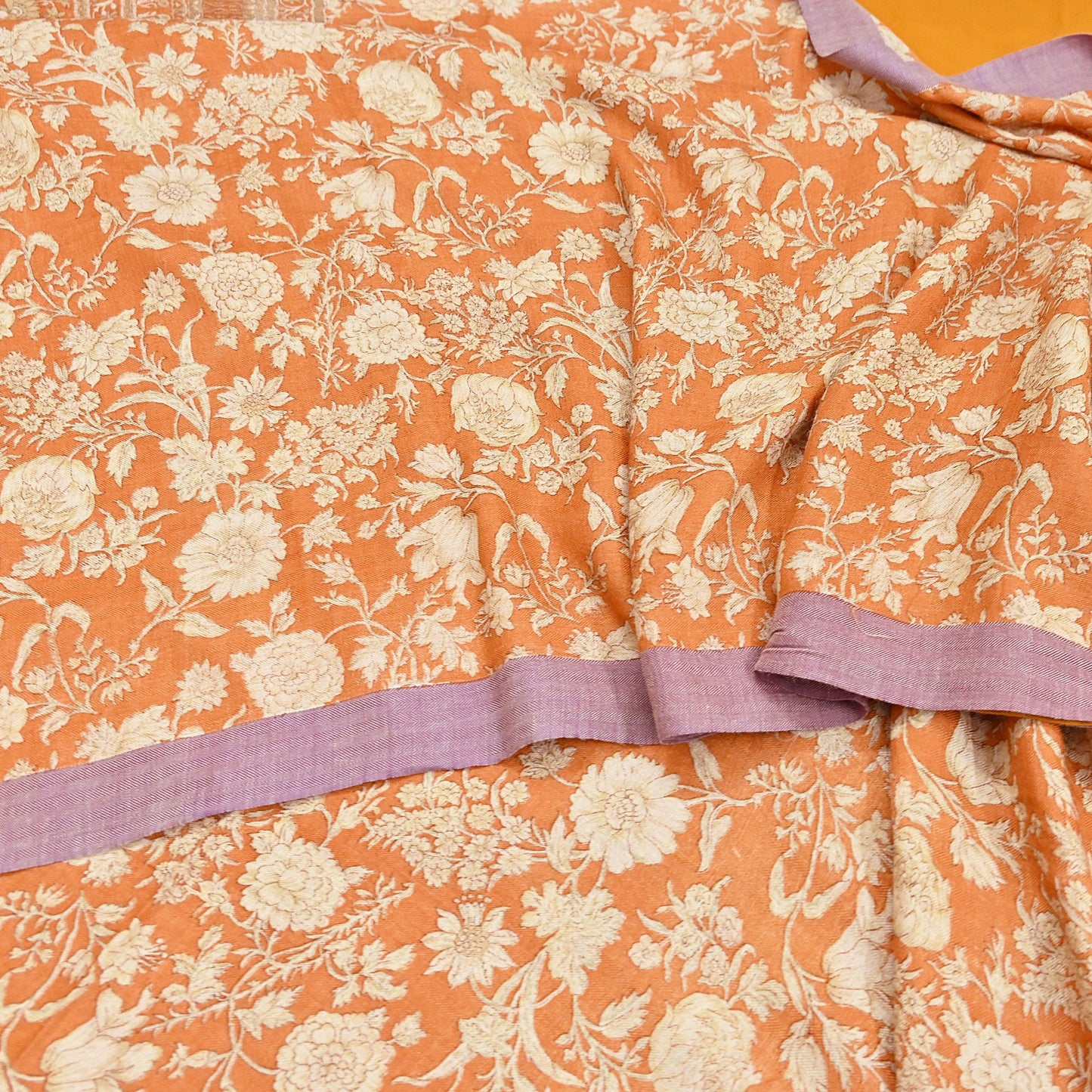 Indian Vintage Sari Orange & Beige Pure Woolen Woven Printed Sarees Soft Warm Craft Fabric 5Yd Floral Dress making Crafting Quilting