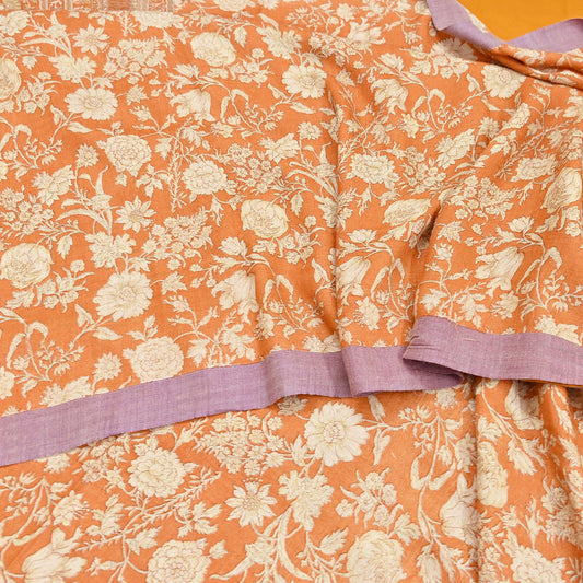 Indian Vintage Sari Orange & Beige Pure Woolen Woven Printed Sarees Soft Warm Craft Fabric 5Yd Floral Dress making Crafting Quilting