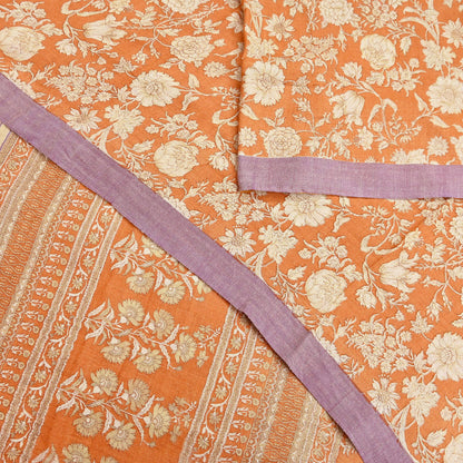 Indian Vintage Sari Orange & Beige Pure Woolen Woven Printed Sarees Soft Warm Craft Fabric 5Yd Floral Dress making Crafting Quilting