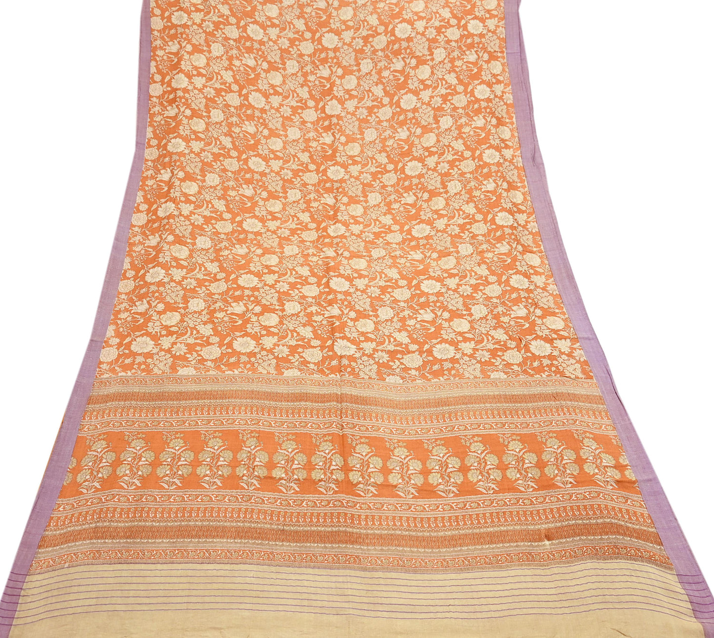 Indian Vintage Sari Orange & Beige Pure Woolen Woven Printed Sarees Soft Warm Craft Fabric 5Yd Floral Dress making Crafting Quilting