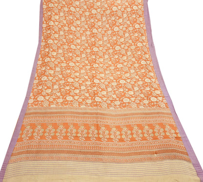 Indian Vintage Sari Orange & Beige Pure Woolen Woven Printed Sarees Soft Warm Craft Fabric 5Yd Floral Dress making Crafting Quilting