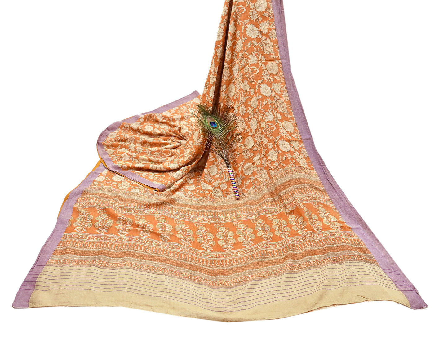 Indian Vintage Sari Orange & Beige Pure Woolen Woven Printed Sarees Soft Warm Craft Fabric 5Yd Floral Dress making Crafting Quilting