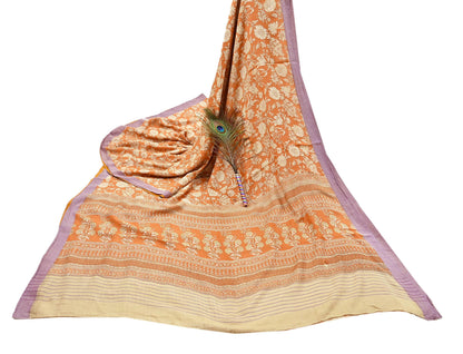 Indian Vintage Sari Orange & Beige Pure Woolen Woven Printed Sarees Soft Warm Craft Fabric 5Yd Floral Dress making Crafting Quilting