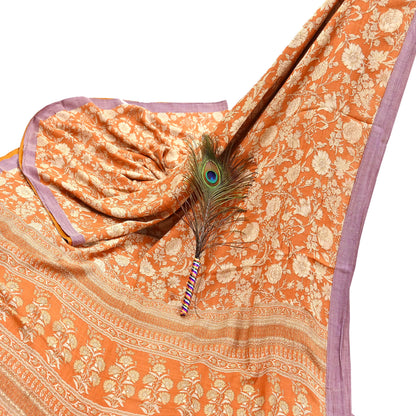 Indian Vintage Sari Orange & Beige Pure Woolen Woven Printed Sarees Soft Warm Craft Fabric 5Yd Floral Dress making Crafting Quilting