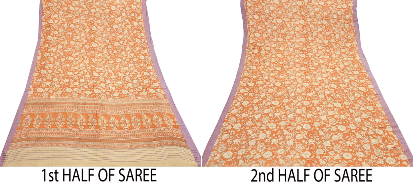 Indian Vintage Sari Orange & Beige Pure Woolen Woven Printed Sarees Soft Warm Craft Fabric 5Yd Floral Dress making Crafting Quilting