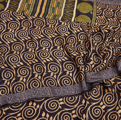 Indian Vintage Black & Beige Saree Pure Woolen Woven Printed Sari Warm Craft Fabric 6Yd Woven Border Dress making Crafting Dress Designing