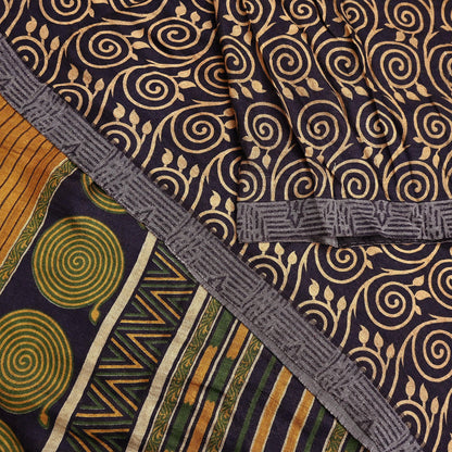 Indian Vintage Black & Beige Saree Pure Woolen Woven Printed Sari Warm Craft Fabric 6Yd Woven Border Dress making Crafting Dress Designing