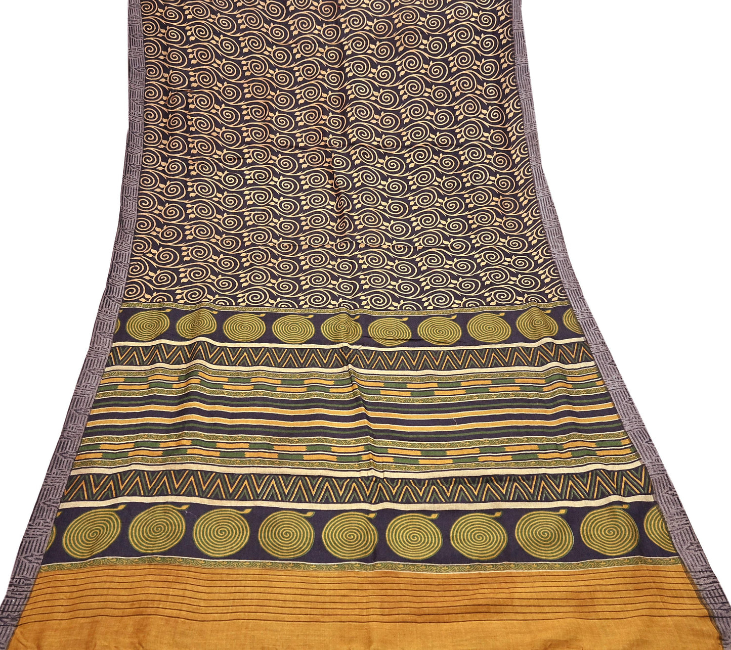 Indian Vintage Black & Beige Saree Pure Woolen Woven Printed Sari Warm Craft Fabric 6Yd Woven Border Dress making Crafting Dress Designing