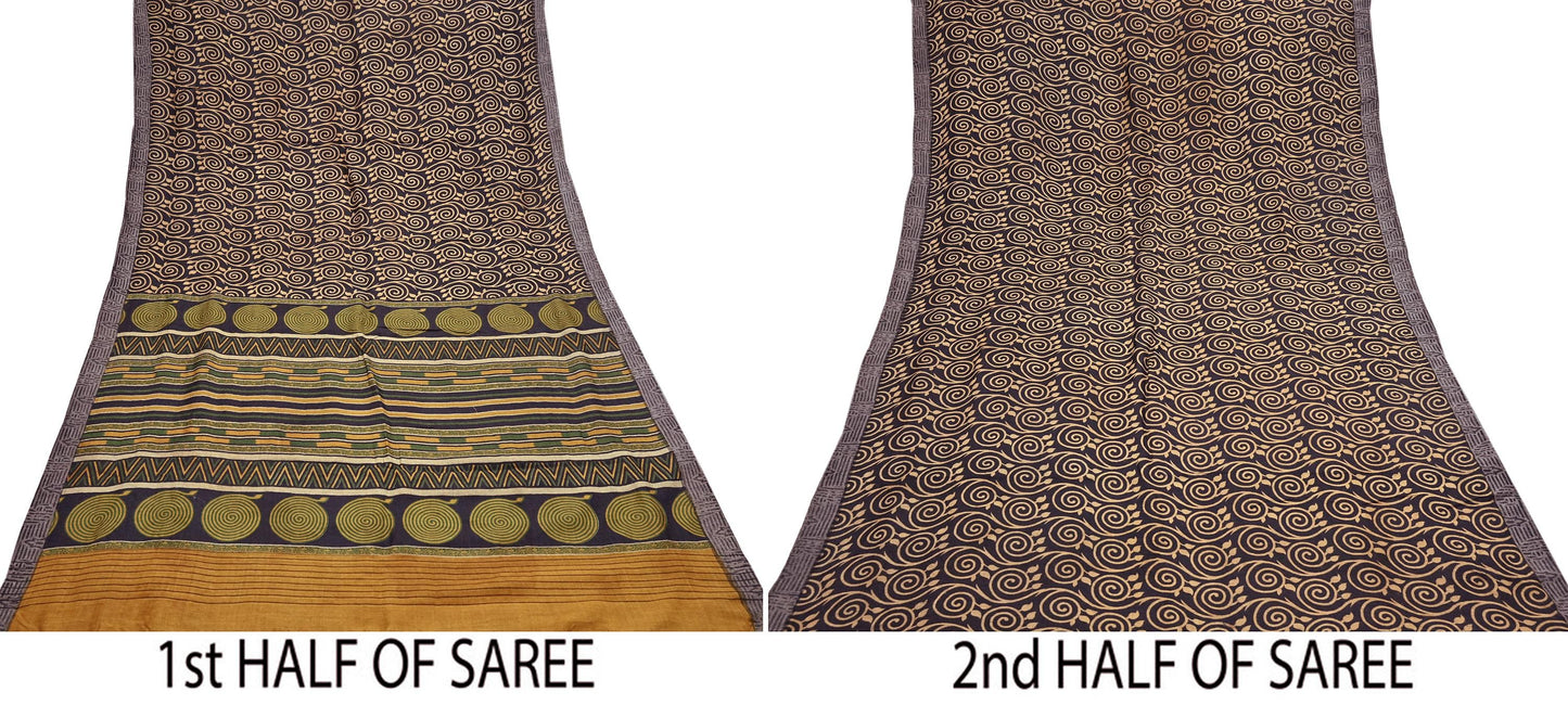 Indian Vintage Black & Beige Saree Pure Woolen Woven Printed Sari Warm Craft Fabric 6Yd Woven Border Dress making Crafting Dress Designing