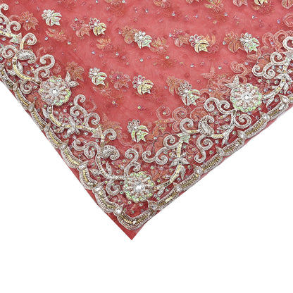 Indian Vintage Heavy Dupatta Pink Net Mesh Long Stole Hand Embroidered Scarves Wedding veil Wrap Boho