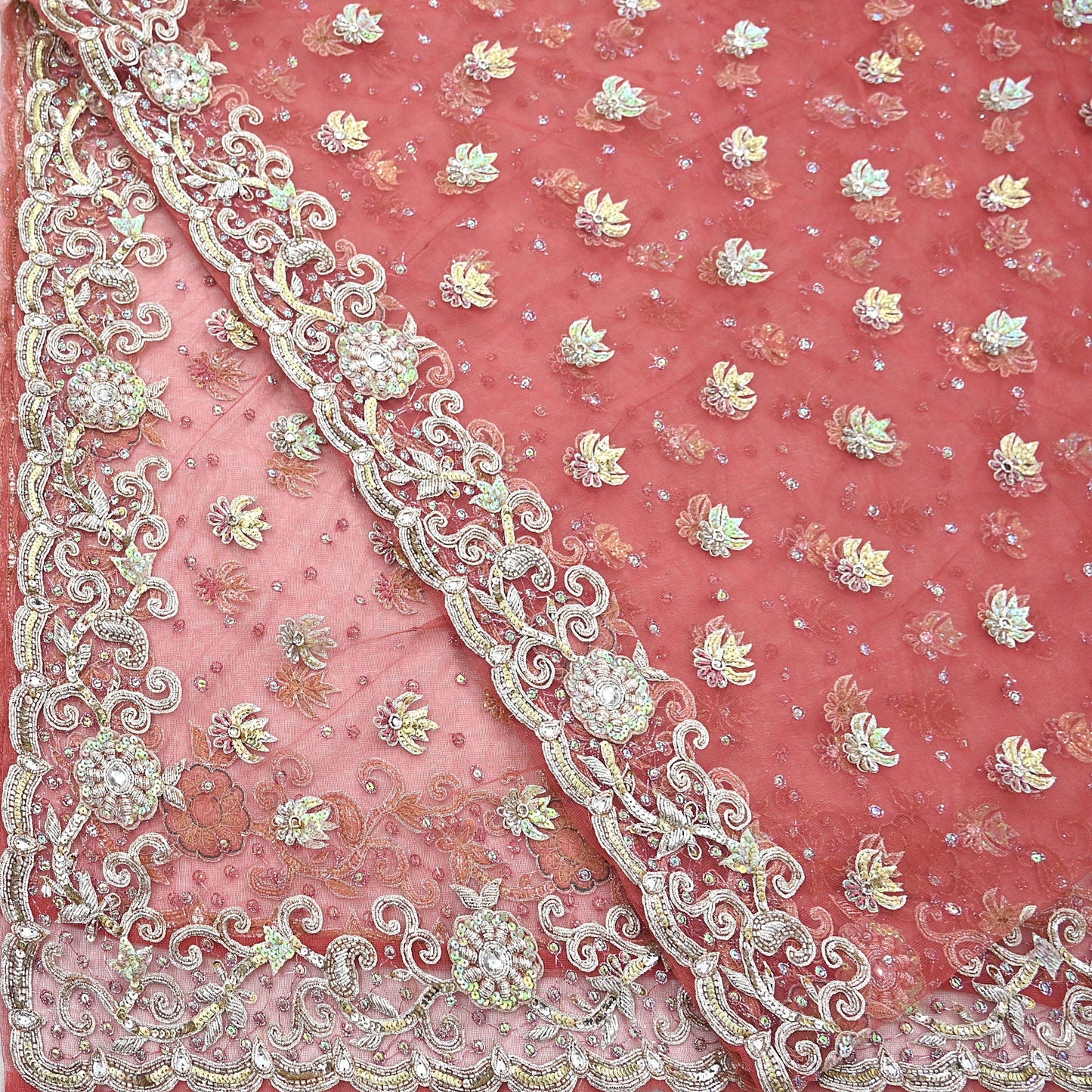Indian Vintage Heavy Dupatta Pink Net Mesh Long Stole Hand Embroidered Scarves Wedding veil Wrap Boho