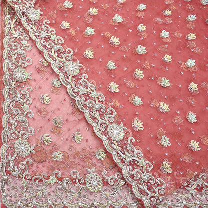 Indian Vintage Heavy Dupatta Pink Net Mesh Long Stole Hand Embroidered Scarves Wedding veil Wrap Boho