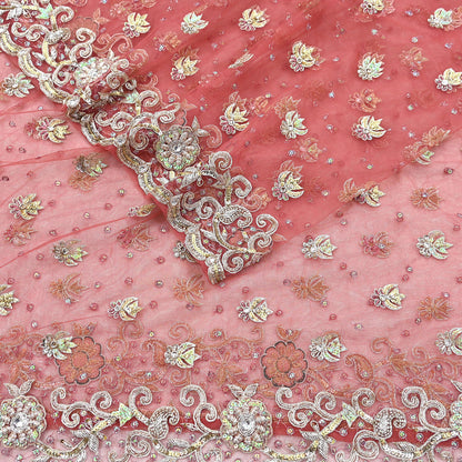 Indian Vintage Heavy Dupatta Pink Net Mesh Long Stole Hand Embroidered Scarves Wedding veil Wrap Boho
