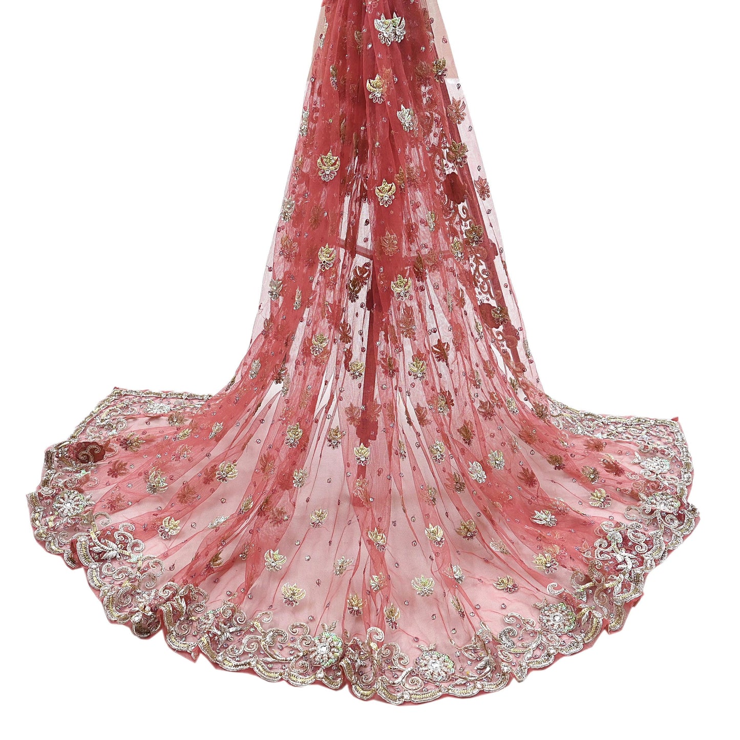 Indian Vintage Heavy Dupatta Pink Net Mesh Long Stole Hand Embroidered Scarves Wedding veil Wrap Boho