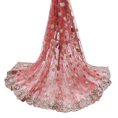 Indian Vintage Heavy Dupatta Pink Net Mesh Long Stole Hand Embroidered Scarves Wedding veil Wrap Boho