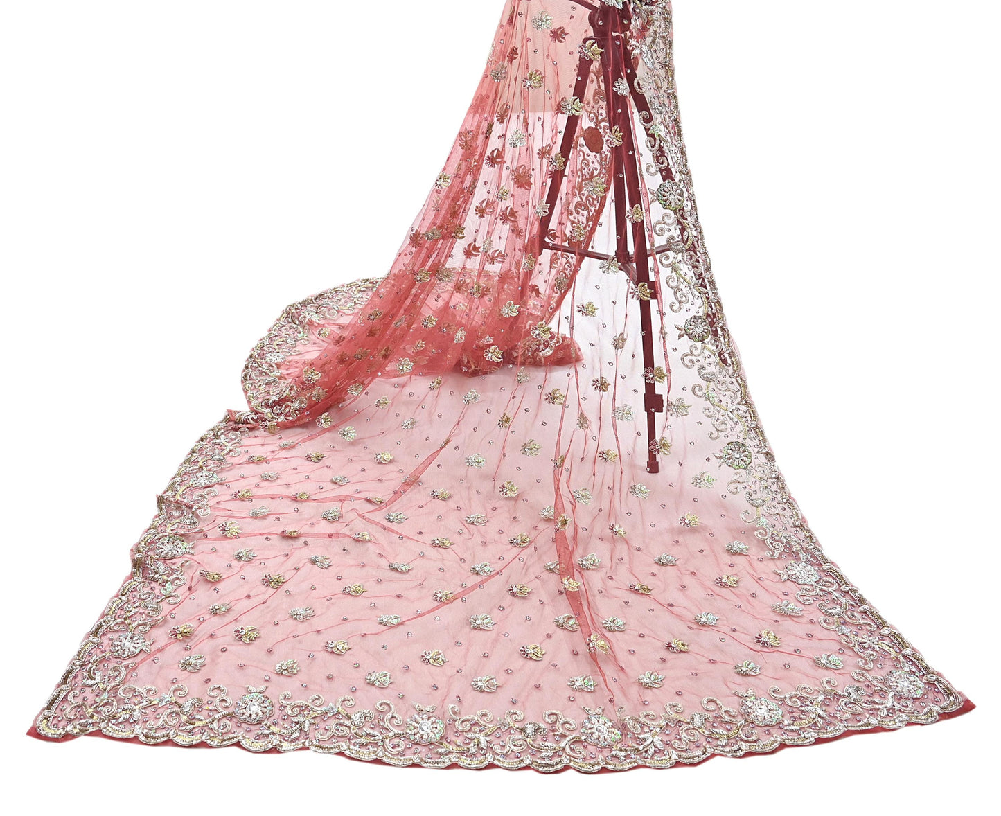 Indian Vintage Heavy Dupatta Pink Net Mesh Long Stole Hand Embroidered Scarves Wedding veil Wrap Boho