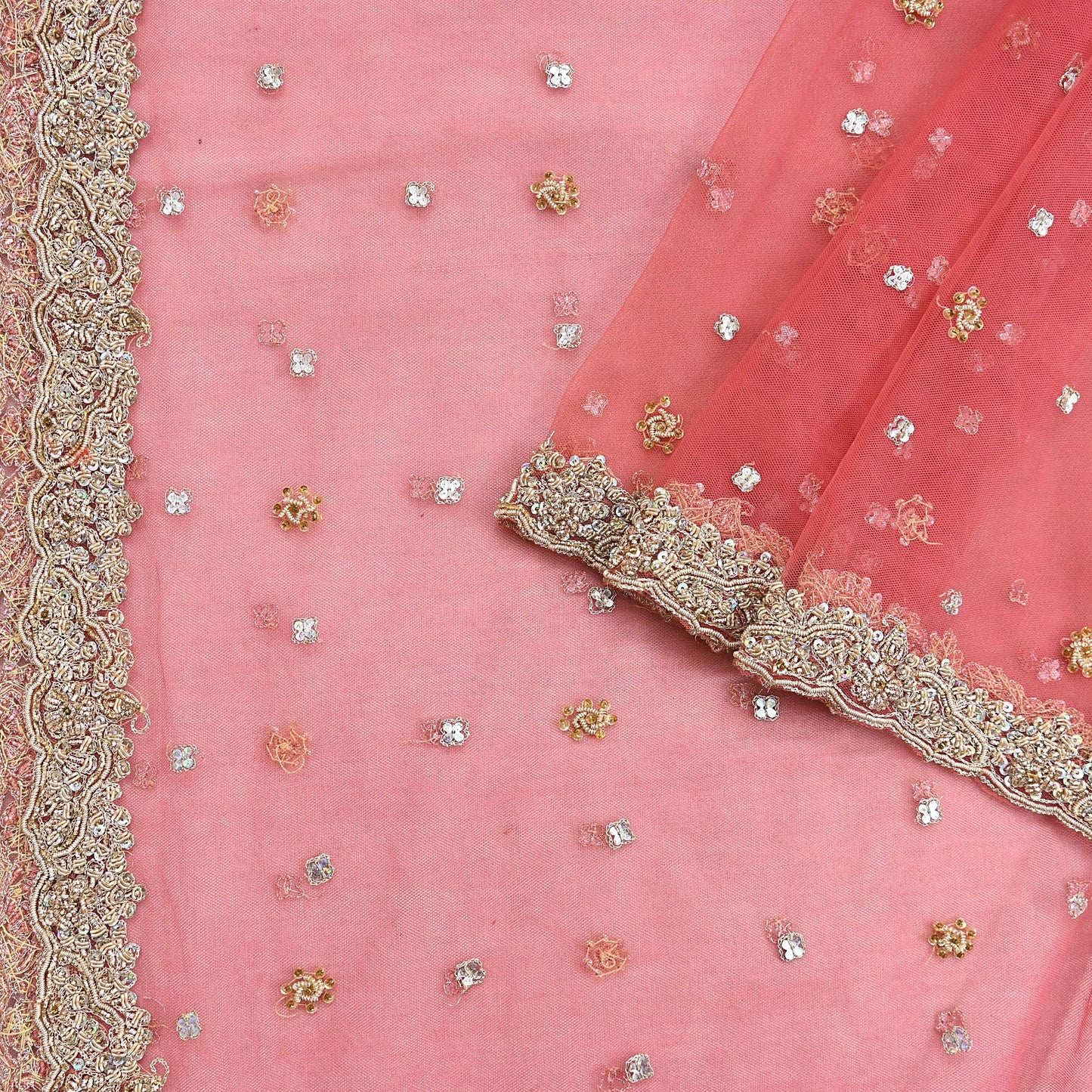Indian Vintage Heavy Bridal Dupatta Pink Net Mesh Long Stole Hand Embroidered Scarves Sequins Glass Bead Wedding veil Wrap Boho