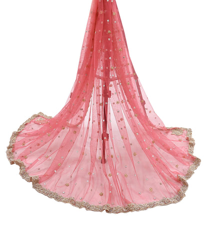 Indian Vintage Heavy Bridal Dupatta Pink Net Mesh Long Stole Hand Embroidered Scarves Sequins Glass Bead Wedding veil Wrap Boho
