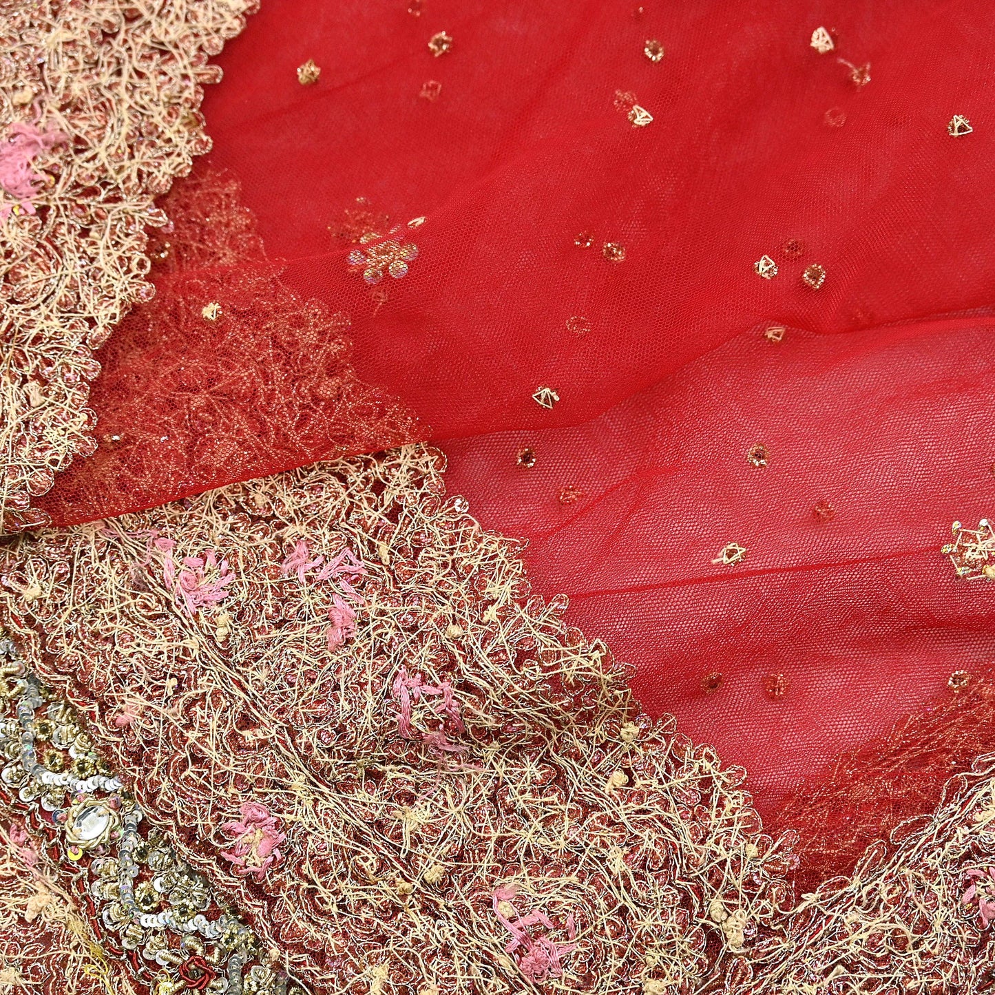 Indian Vintage Heavy Red Dupatta Net Mesh Long Stole Hand Embroidered Scarves Golden Zardozi Zari Sequins Stole