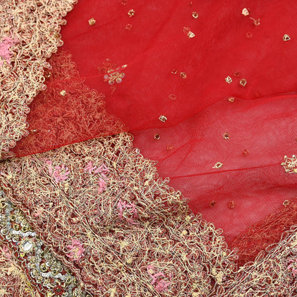 Indian Vintage Heavy Red Dupatta Net Mesh Long Stole Hand Embroidered Scarves Golden Zardozi Zari Sequins Stole