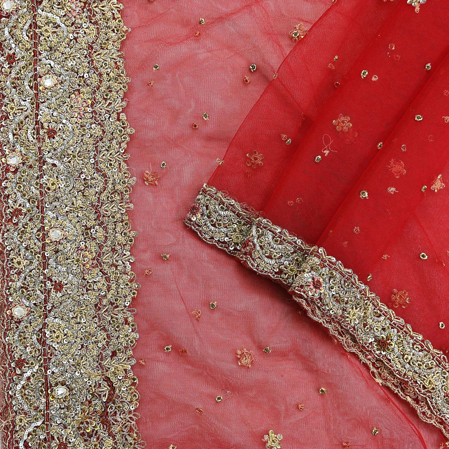 Indian Vintage Heavy Red Dupatta Net Mesh Long Stole Hand Embroidered Scarves Golden Zardozi Zari Sequins Stole