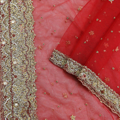 Indian Vintage Heavy Red Dupatta Net Mesh Long Stole Hand Embroidered Scarves Golden Zardozi Zari Sequins Stole