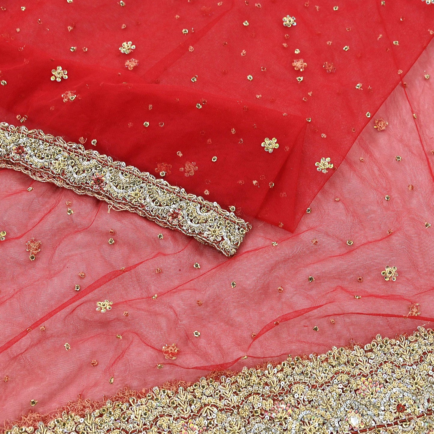 Indian Vintage Heavy Red Dupatta Net Mesh Long Stole Hand Embroidered Scarves Golden Zardozi Zari Sequins Stole