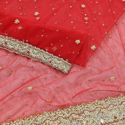 Indian Vintage Heavy Red Dupatta Net Mesh Long Stole Hand Embroidered Scarves Golden Zardozi Zari Sequins Stole
