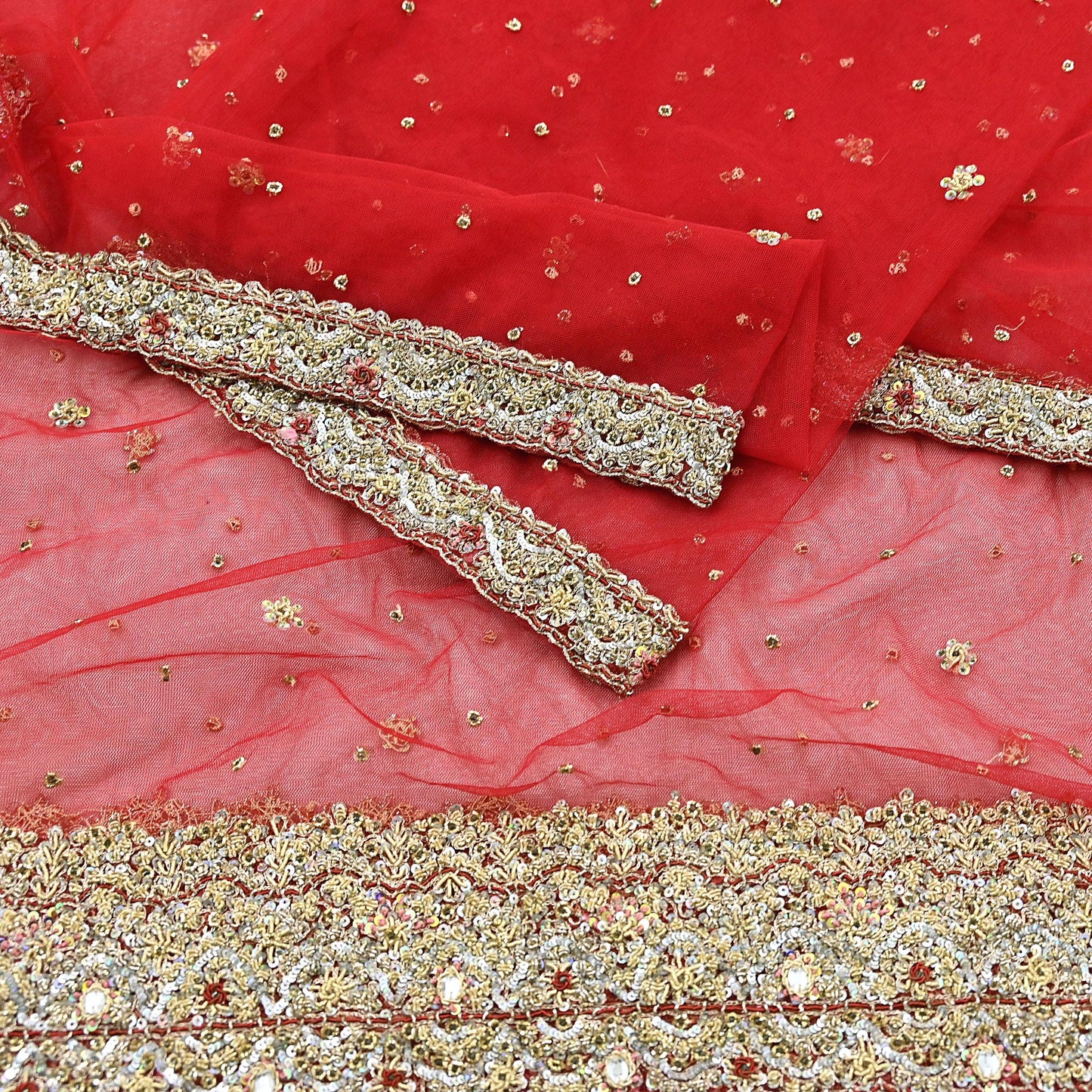 Indian Vintage Heavy Red Dupatta Net Mesh Long Stole Hand Embroidered Scarves Golden Zardozi Zari Sequins Stole