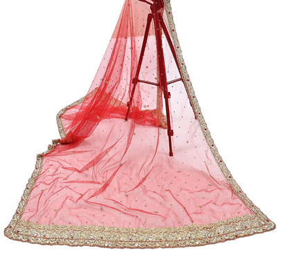 Indian Vintage Heavy Red Dupatta Net Mesh Long Stole Hand Embroidered Scarves Golden Zardozi Zari Sequins Stole