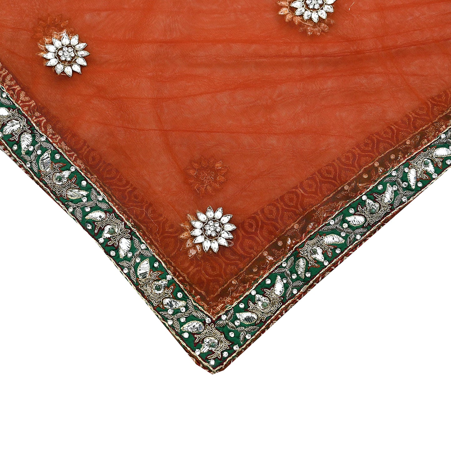 Indian Vintage Heavy Orange Dupatta Net Mesh Long Stole Hand Embroidered Scarves Golden Zardozi Dabka Zari Stole Bridal/ Wedding veil