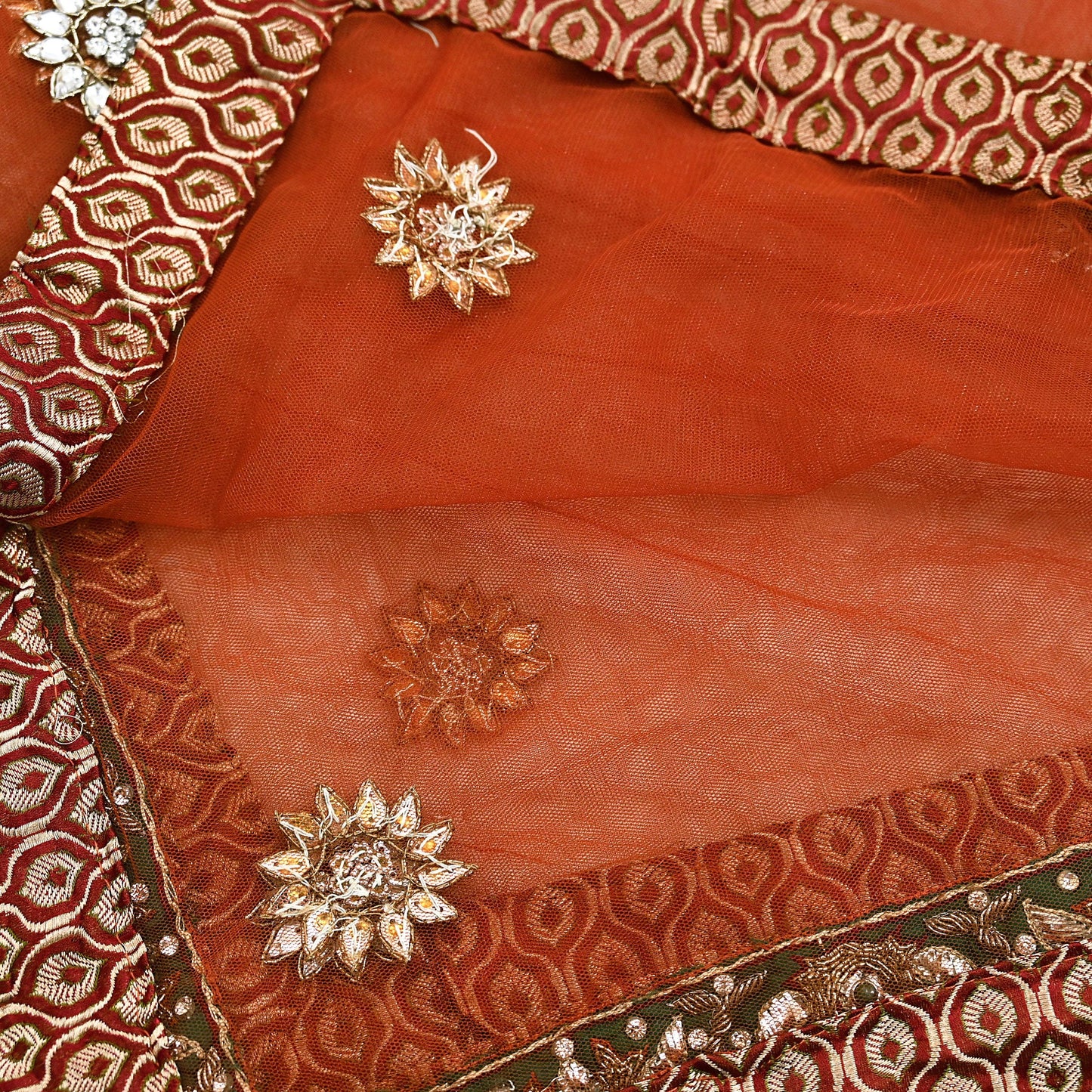 Indian Vintage Heavy Orange Dupatta Net Mesh Long Stole Hand Embroidered Scarves Golden Zardozi Dabka Zari Stole Bridal/ Wedding veil