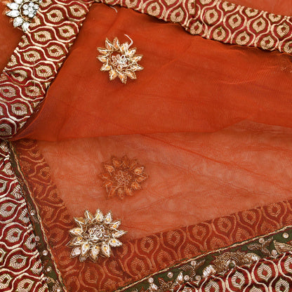 Indian Vintage Heavy Orange Dupatta Net Mesh Long Stole Hand Embroidered Scarves Golden Zardozi Dabka Zari Stole Bridal/ Wedding veil