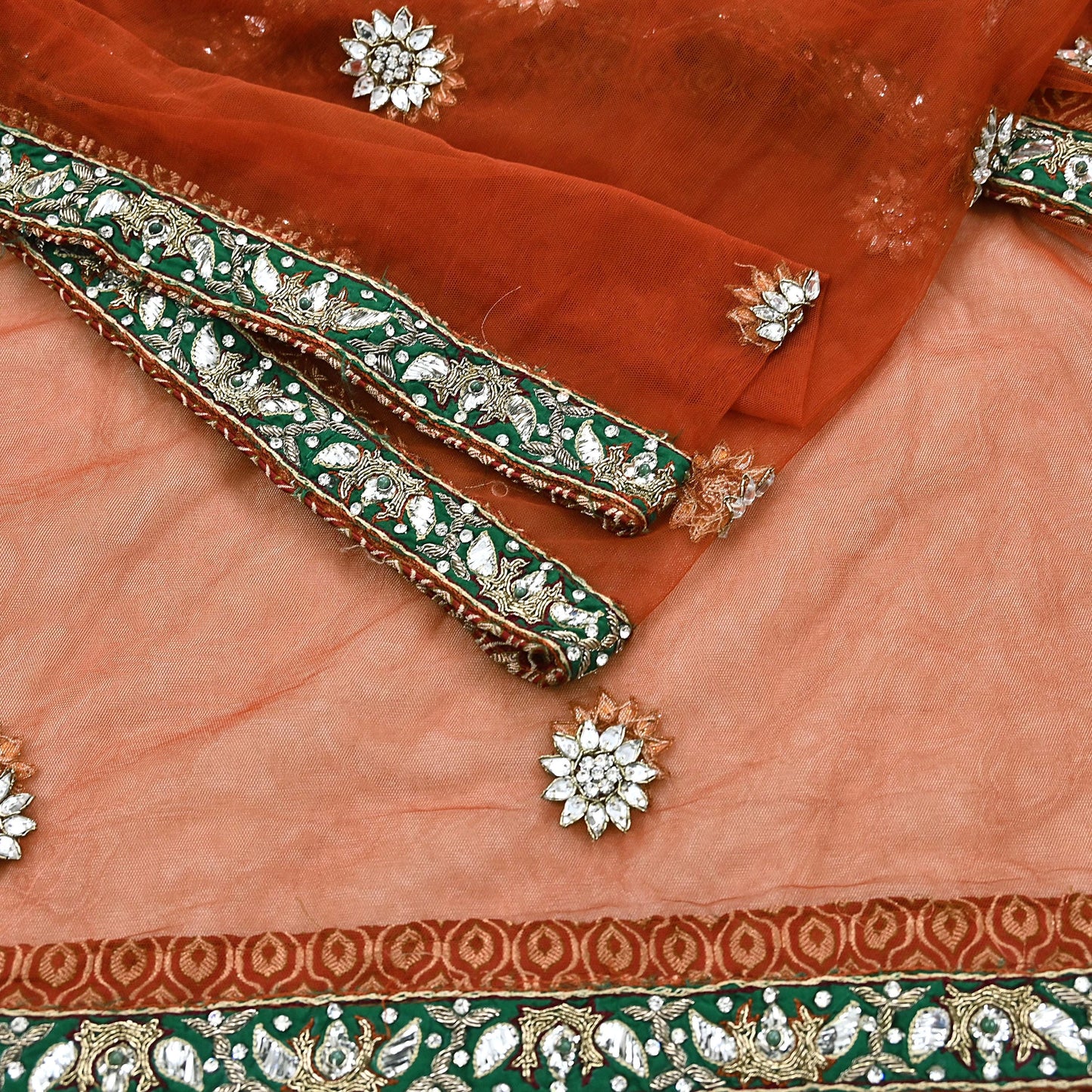 Indian Vintage Heavy Orange Dupatta Net Mesh Long Stole Hand Embroidered Scarves Golden Zardozi Dabka Zari Stole Bridal/ Wedding veil